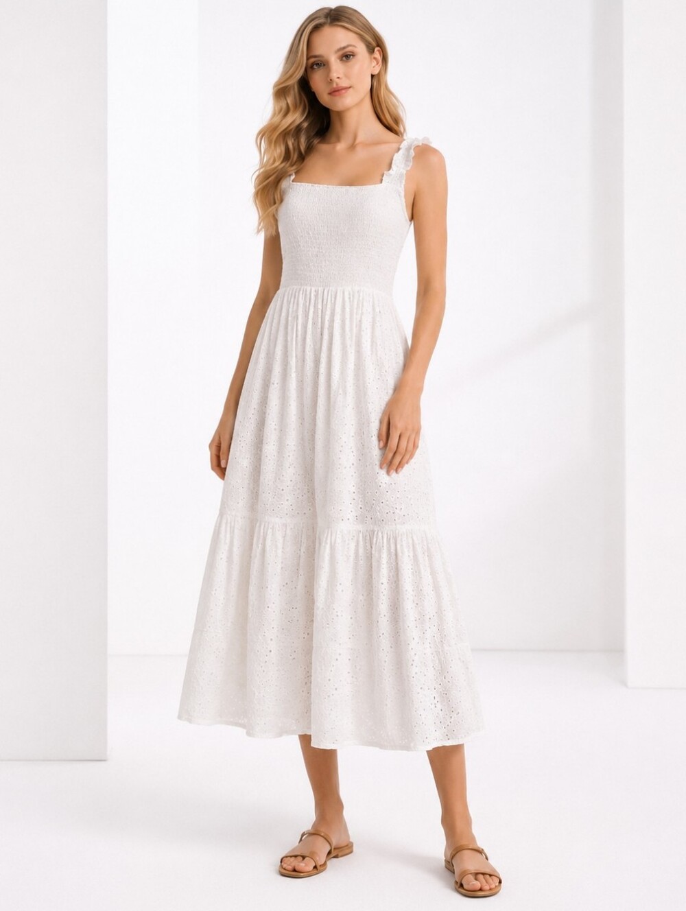 Devoted White Eyelet Cotton Midi Dress Smocked Cottagecore Summer Size M